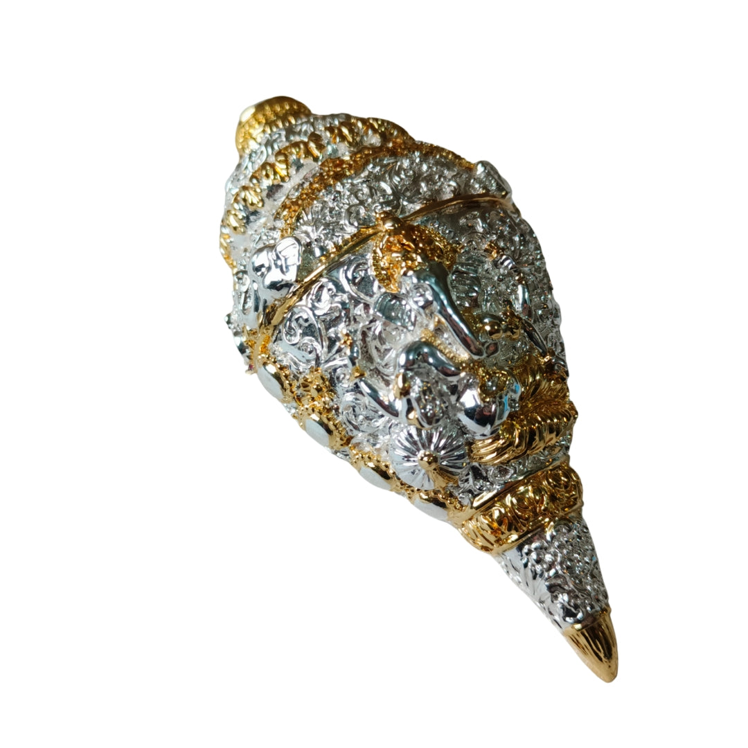 The Home Co- 999 Pure Silver Plated & 24K Gold Plated Ganesh Shankh Sacred 5 Inch Dual-Tone Conch Shell