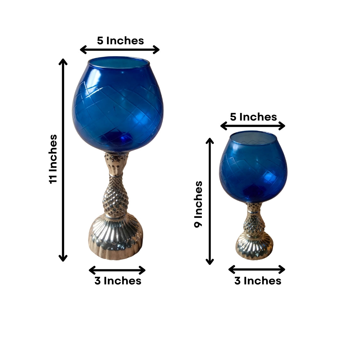 Blue Glass Chalice Candle Holders - Elegant Set of 2 (Large & Small)
