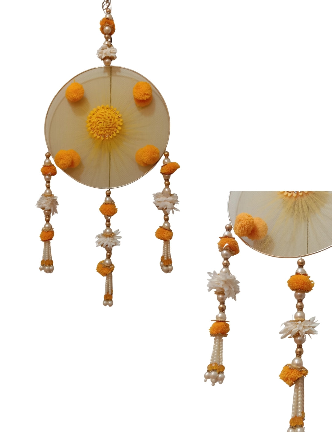 Yellow Pom-Pom & Pearl Festive Side Hangings