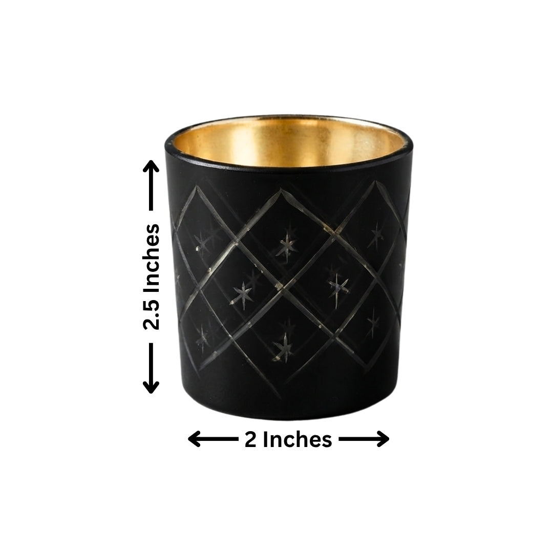 Etched Black Glass Votive Candle Holders - Elegant Set of 2