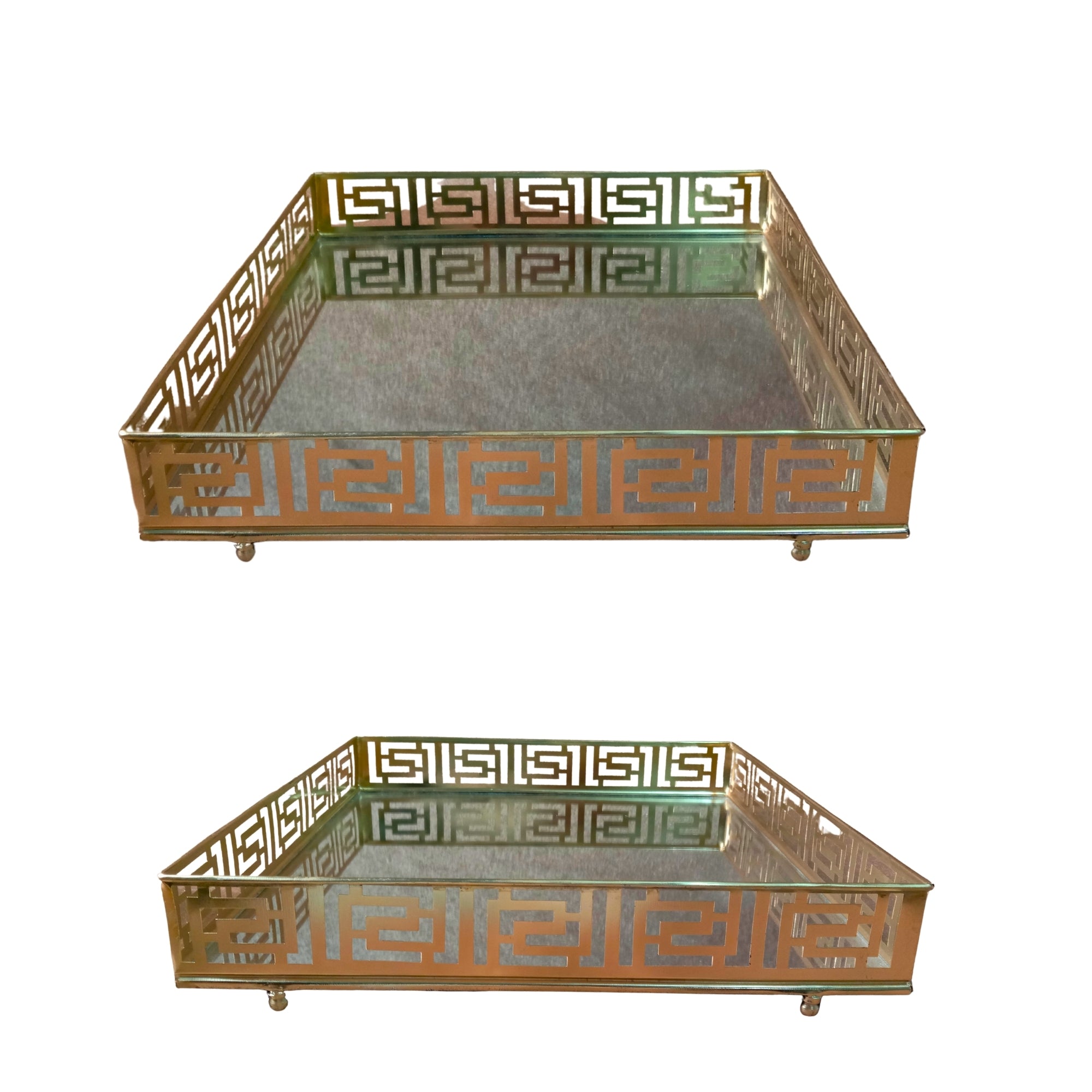 Gold Mirrored Square Tray with Greek Key Pattern