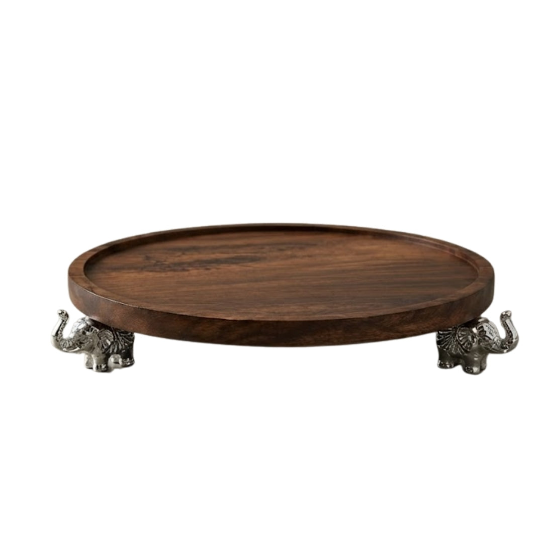 Wooden Round Serving Tray with Silver Elephant Feet