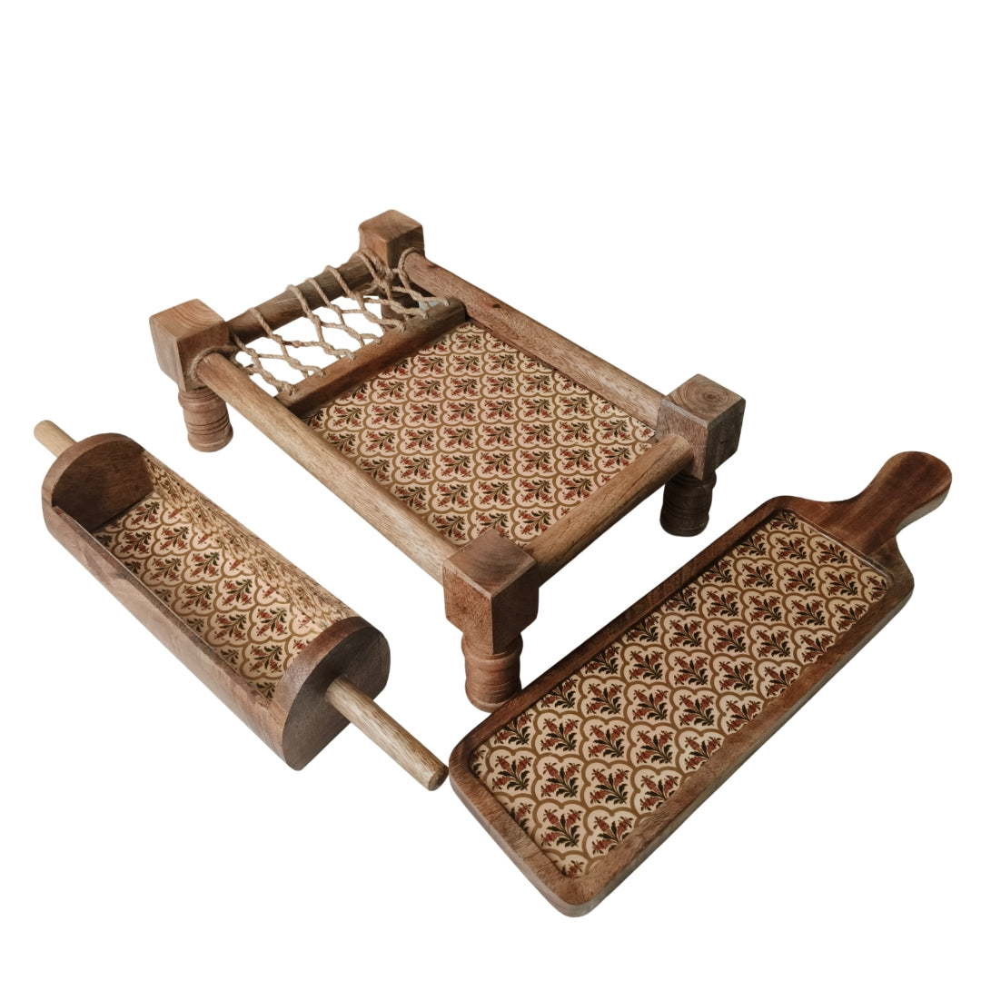 peach mughal print & enameled Wooden Khatiya Platter Set of 3 - khatiya platter , belan platter , bat platter