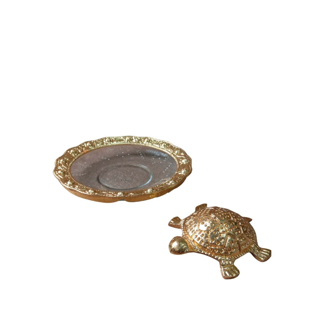 Gold Plated Tortoise in Plate with Turquoise Velvet Box for Good Luck