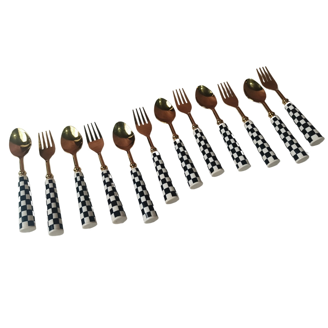 Cutlery Set of 12 - Black & White Resin Checks Design With Gold Spoons