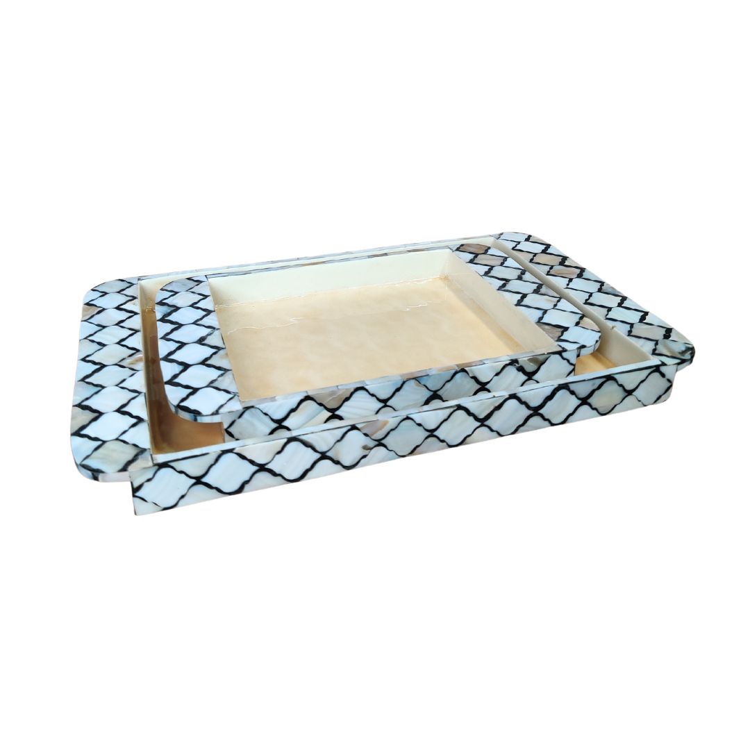 Rectangle Tray Set Of 2 - Black & White Mother Of Pearl