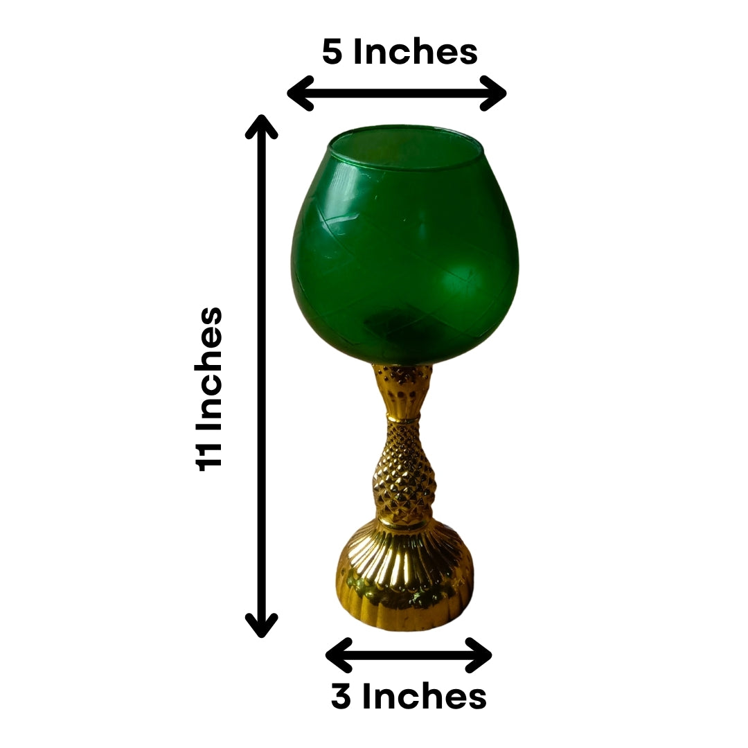 Large Green Glass Chalice Candle Holder - Elegant Pedestal Stand