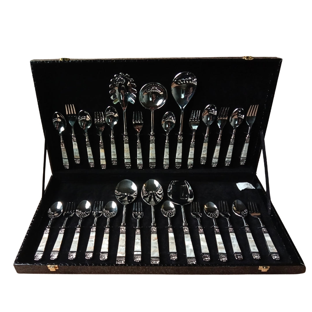 30 Pcs Mother of Pearl Stainless Steel Cutlery & Serving Set in Box