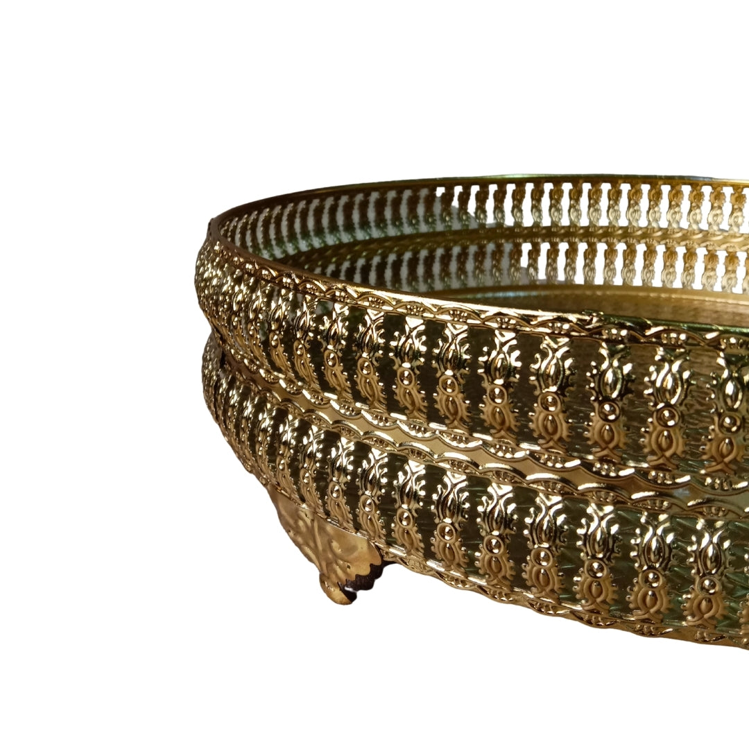 Decorative Gold Round Filigree Tray with Beaded Edges and Ornate Feet