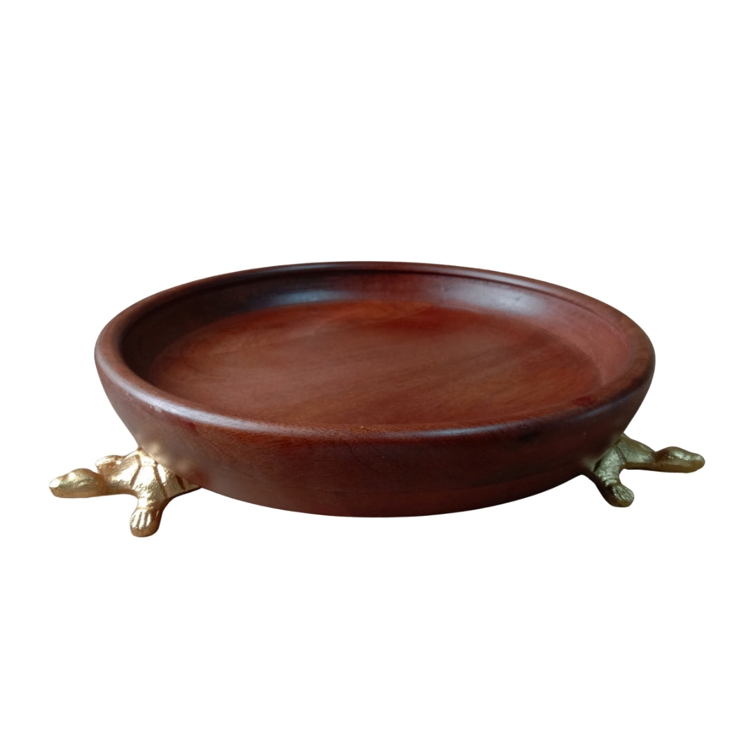 Dark Wood Round Serving Bowl with Gold Turtle Feet Stand