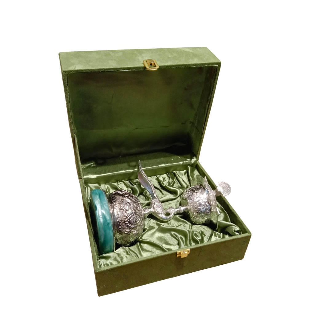 Luxury Silver Plated Peacock Samai Diya with Green Quartz Base & Velvet Box