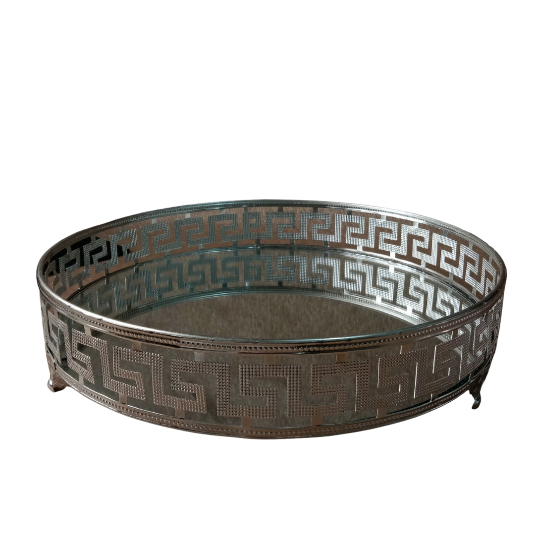 Silver Mirrored Decorative Round Tray with Greek Key Pattern - LARGE 12"