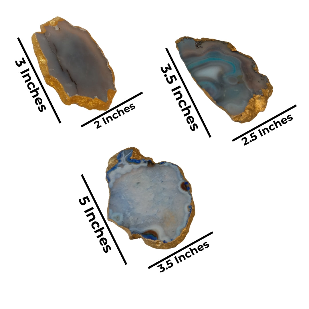 Table Coaster - Blue Agate Stone with Gold Lining Set Of 3