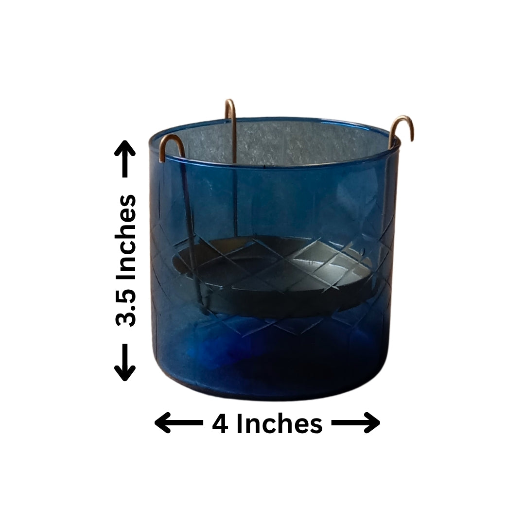 Set of 2 Blue Glass Votives with Internal Metal Tea Light Holders