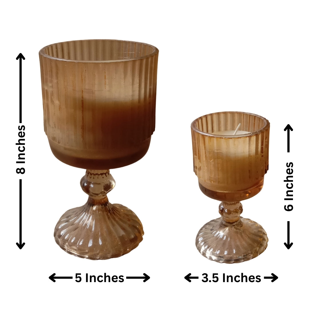 Set of 2 Brown Ribbed Glass Pedestal Scented Candles (Large & Small)
