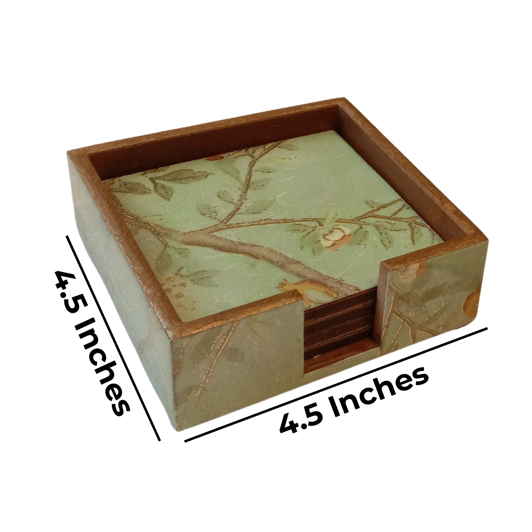 Table Coaster - green peacock & bird print & enamel set of 6