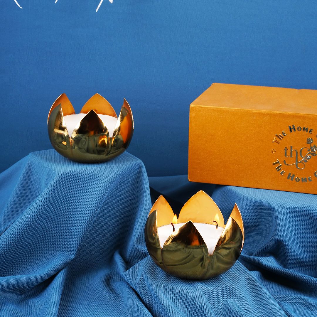 Metal Lotus Candles Set of 2 Filled With Wax