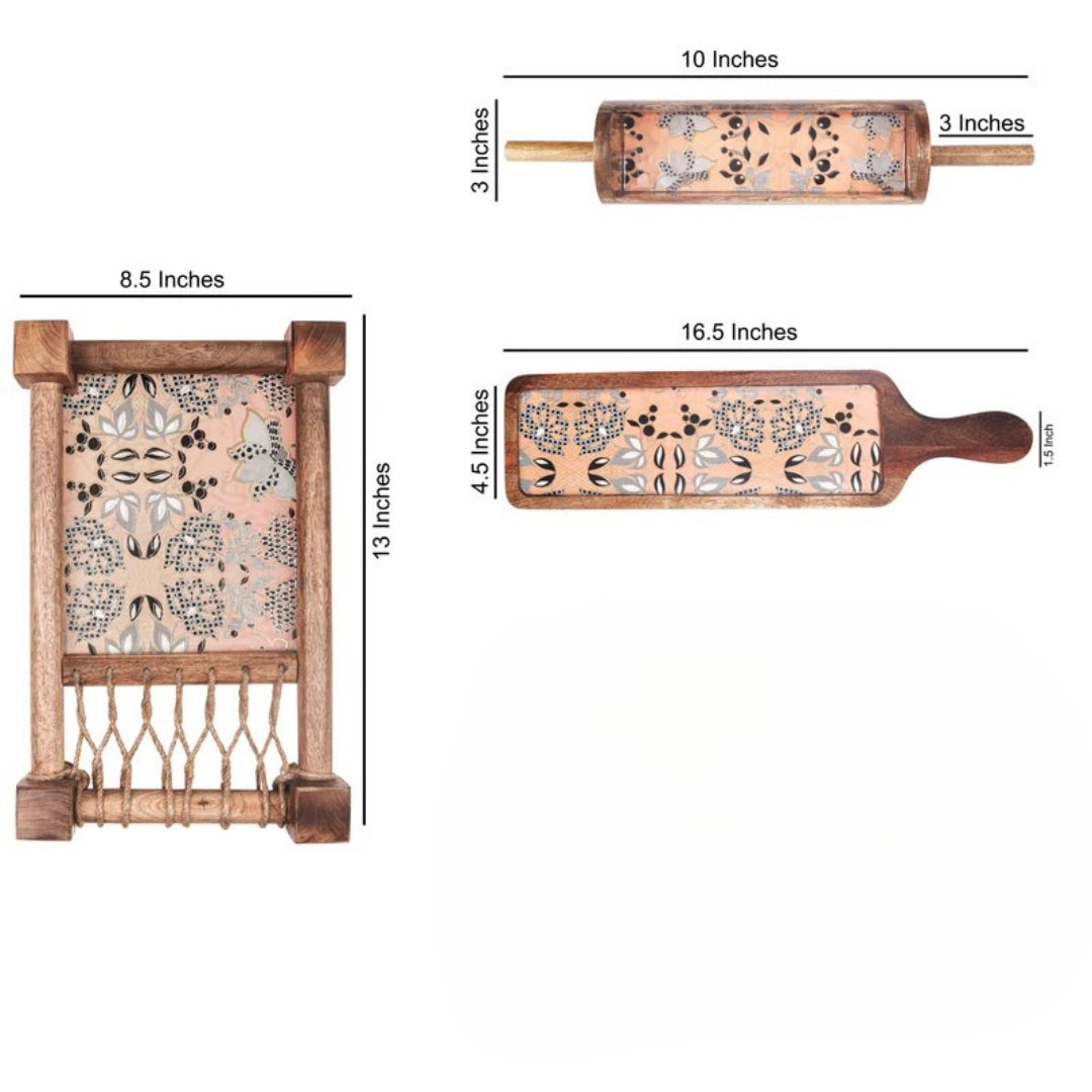 peach flower print & enameled Wooden Khatiya Platter Set of 3 - khatiya platter , belan platter , bat platter