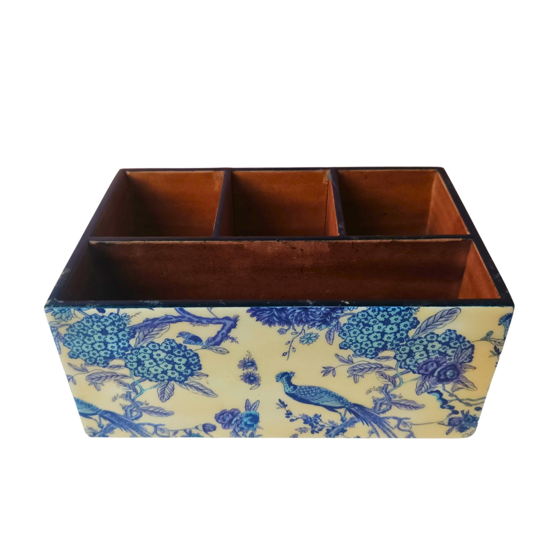 Caddy - Wooden 4 Partition Blue Peacock Print With Enamel