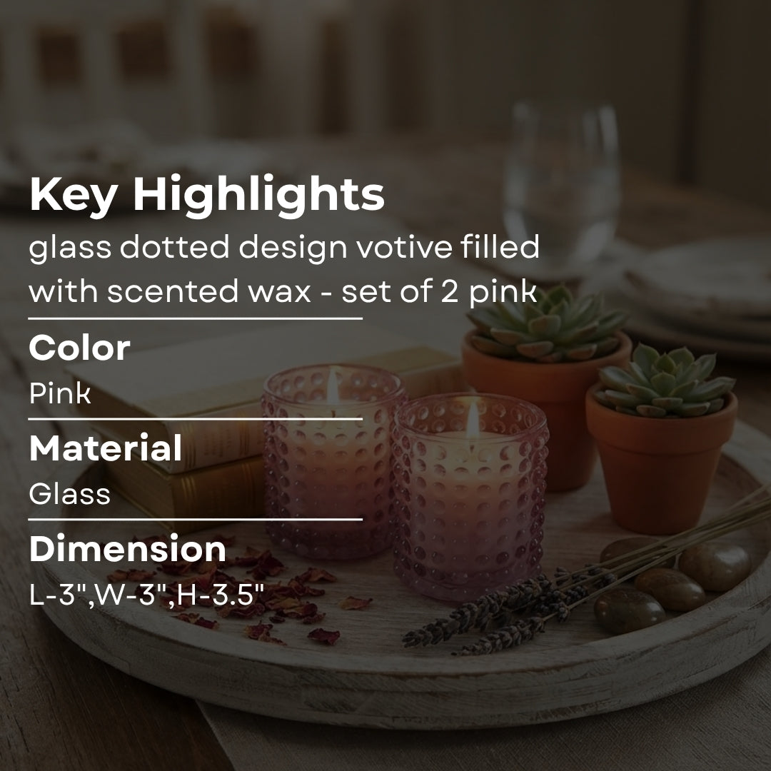Pink Dotted Glass Votive Candle Holders - Scented Wax Set (Set of 2)