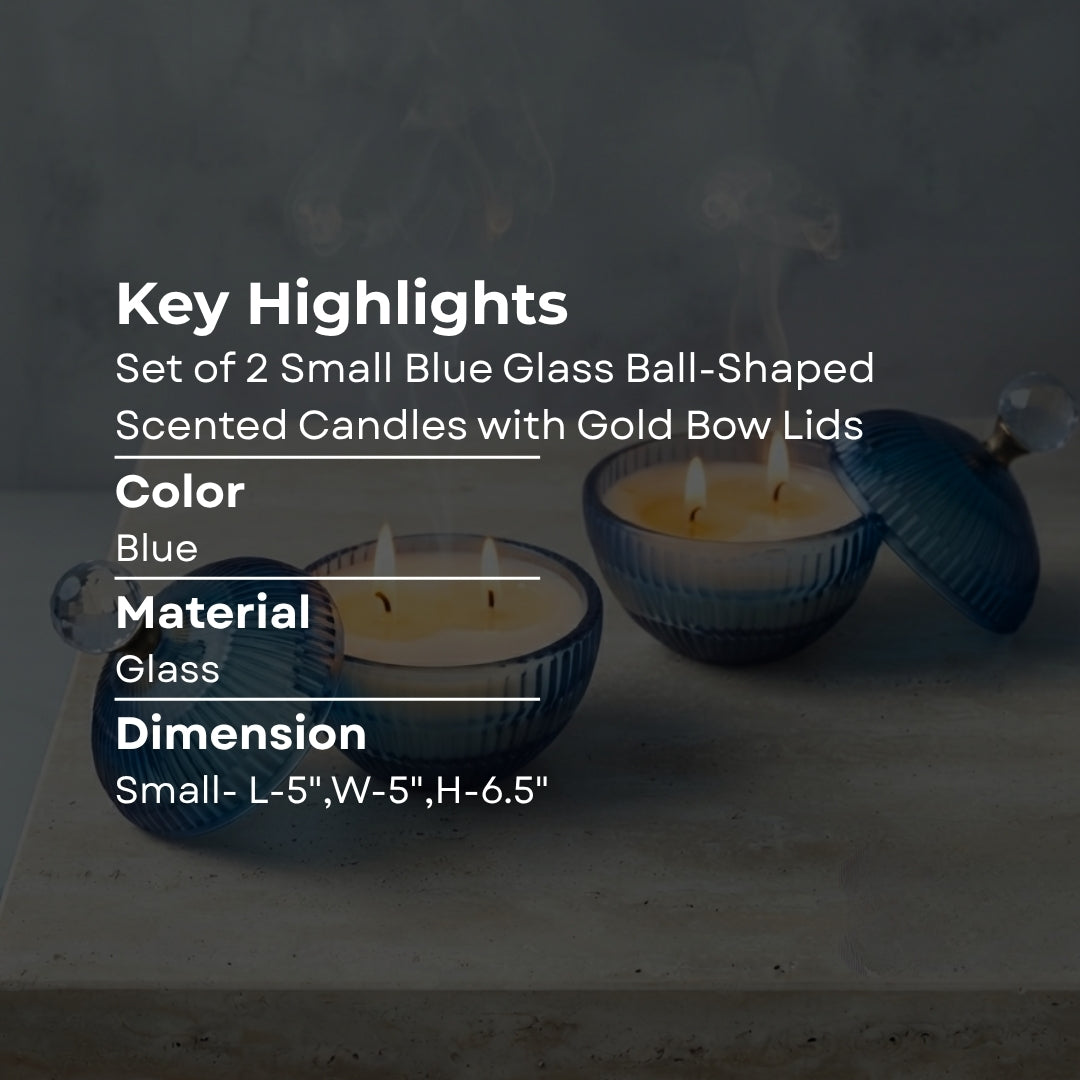Set of 2 Small Blue Glass Ball-Shaped Scented Candles with Gold Bow Lids