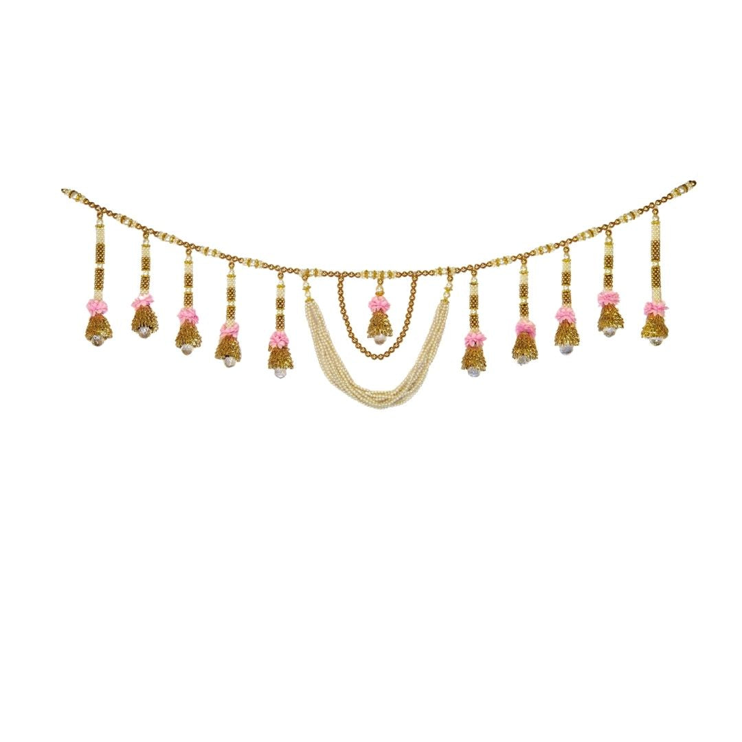 Gold & White Beaded Toran With Crystal Moti