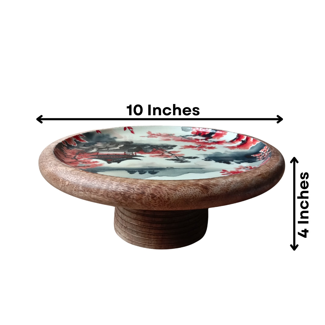 Japanese Art Print Enamel & Wooden Cake Stand