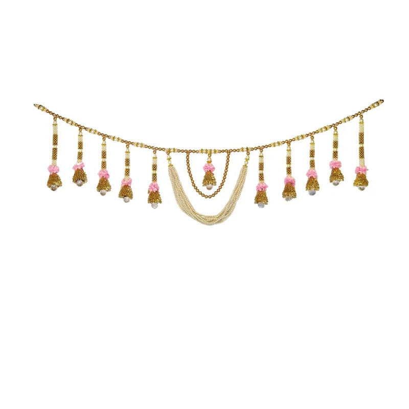 Pink Flower Gold & White Moti With Crystal Hanging Toran With Side Hanging Set