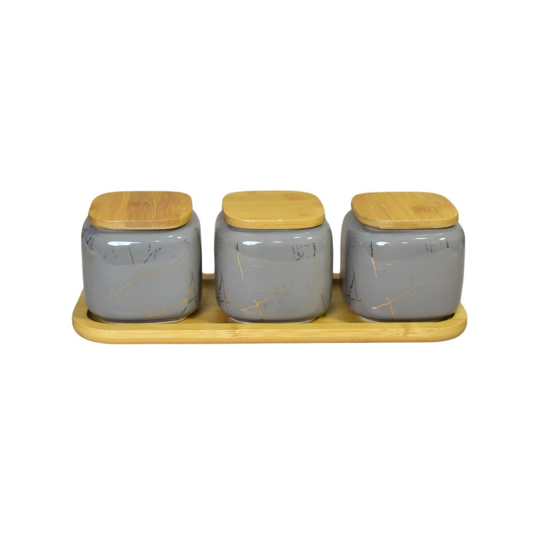 Ceramic Jar With Bamboo Tray Set Of 3 - Grey