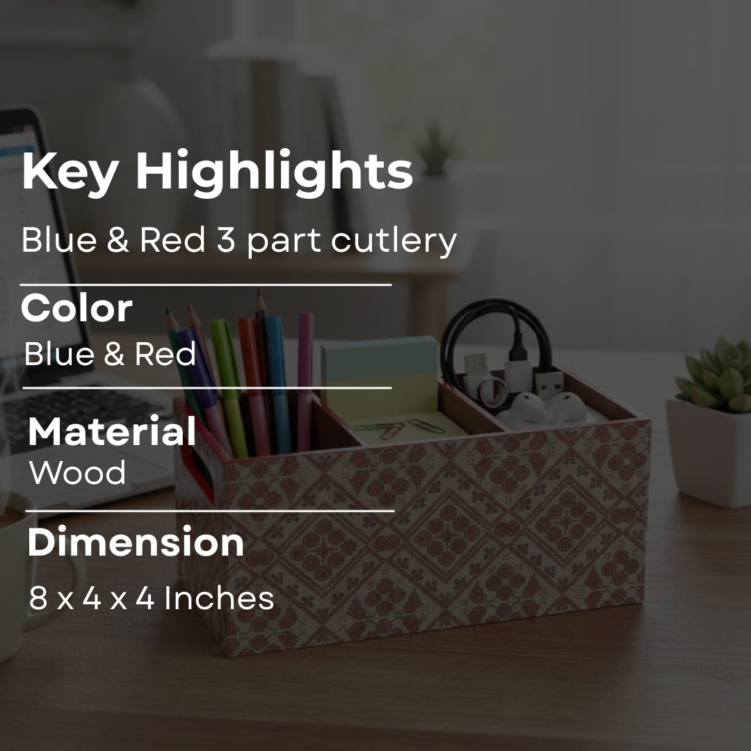 Wooden Blue & red abstract print & enamelled 3 Partition Caddy