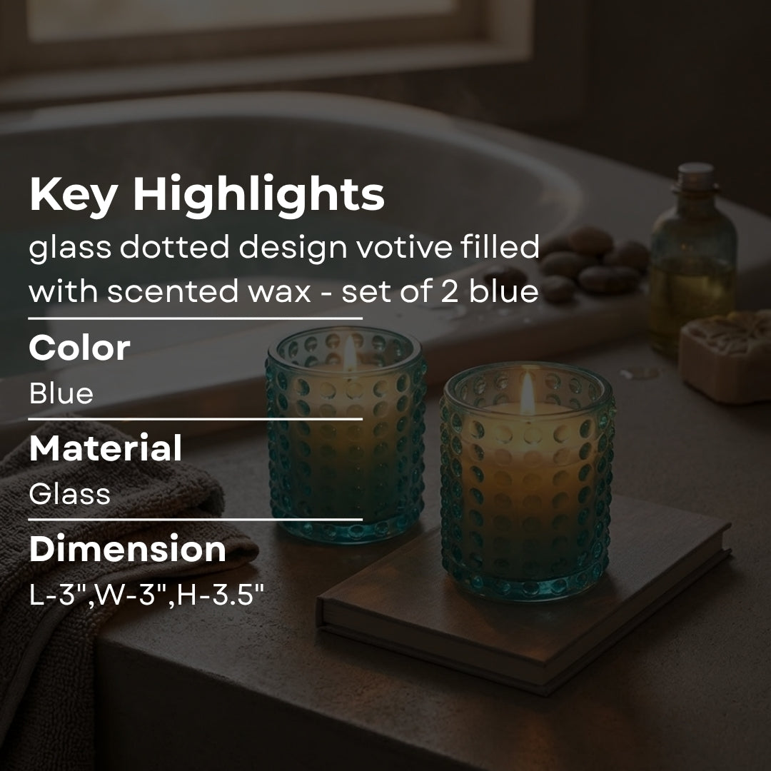 Blue Dotted Glass Votive Candle Holders - Scented Wax Set (Set of 2)