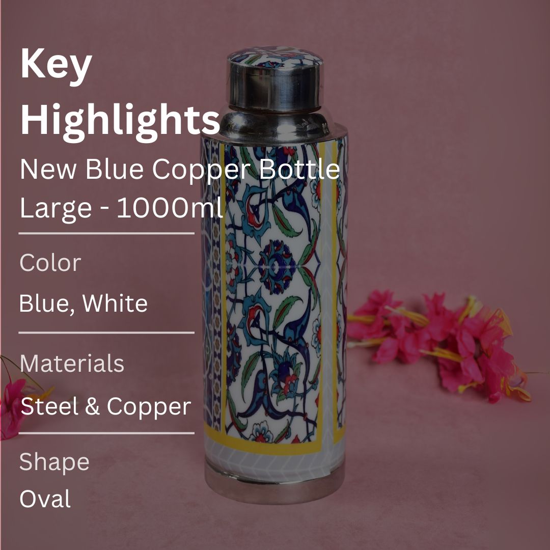 Stainless Steel Copper Insulated Indigo Print & Enamel Bottle Large - 1000 ml