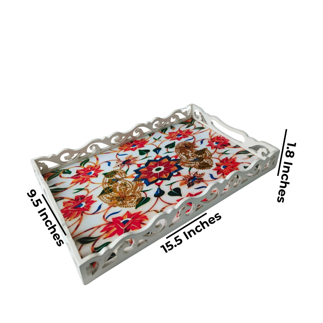 White Orange Flower Cutwork Wooden Tray Small