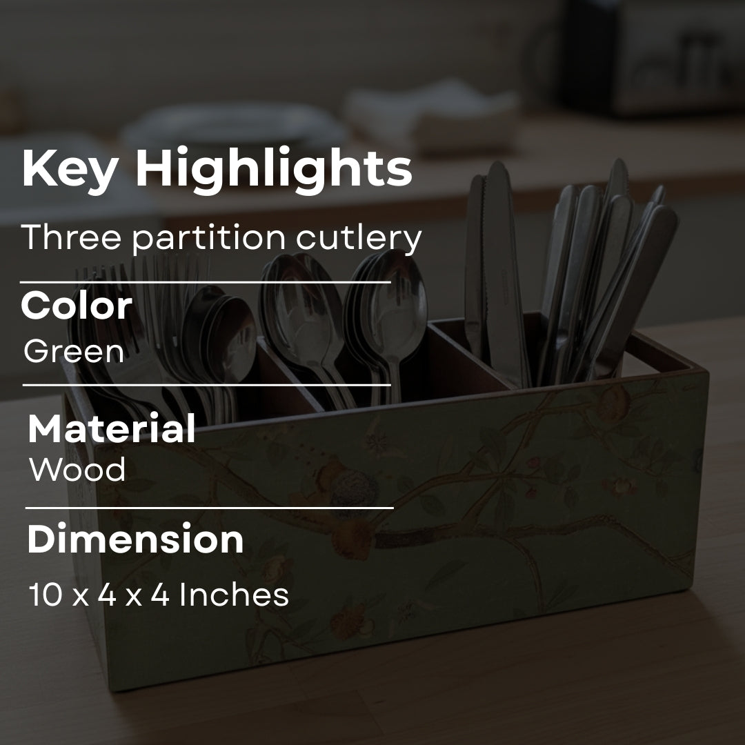 Wooden green peacock & bird print & enamelled 3 Partition Caddy