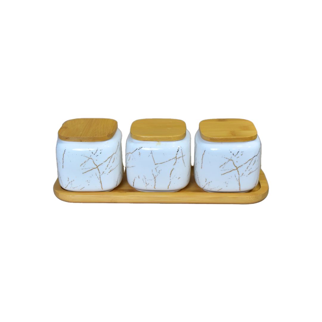 Ceramic Jar With Bamboo Tray Set Of 3 - White