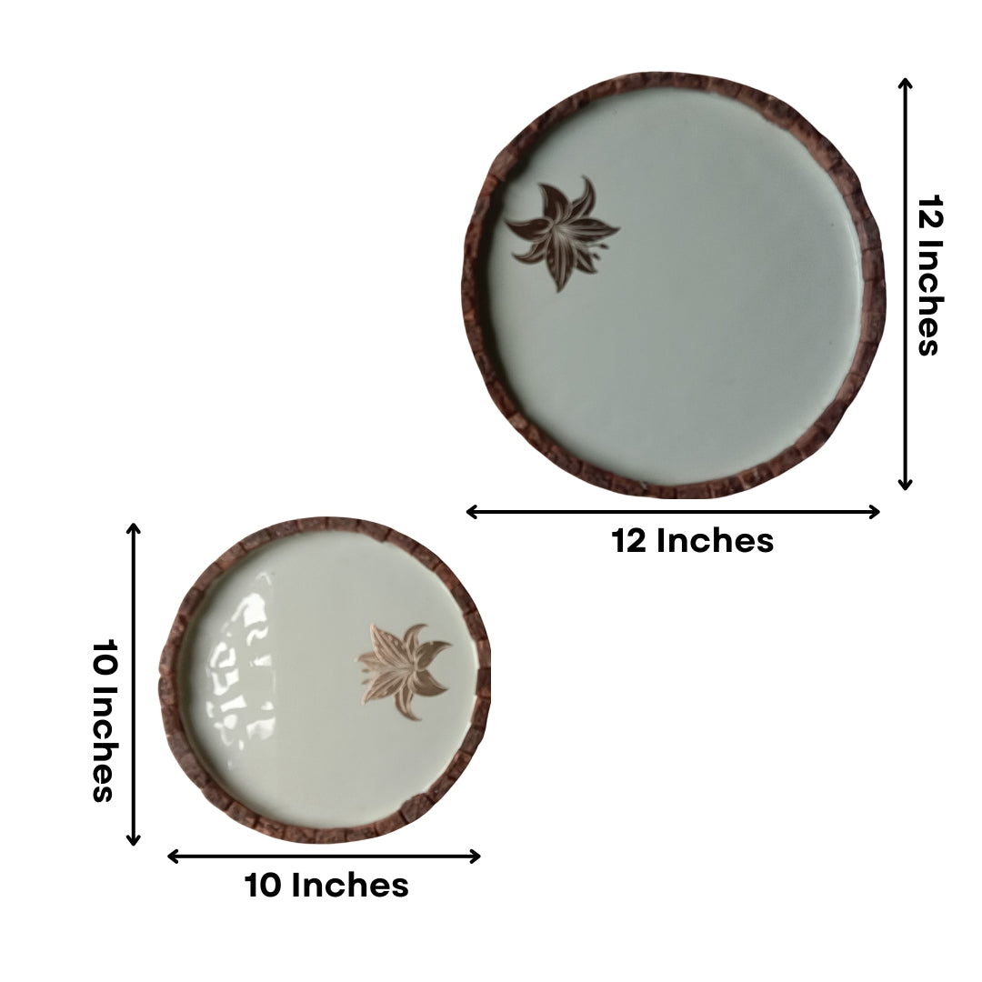 Green Enamel Wooden Round Platter Set of 2 with Tulip Foil Print