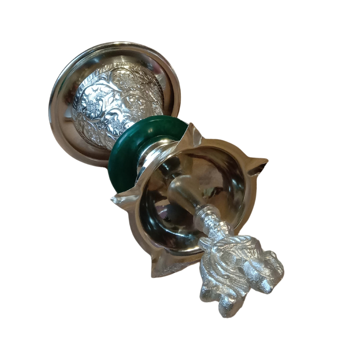 Silver-Plated Peacock Diya  with Velvet Gift Boxe- Green SINGLE PC