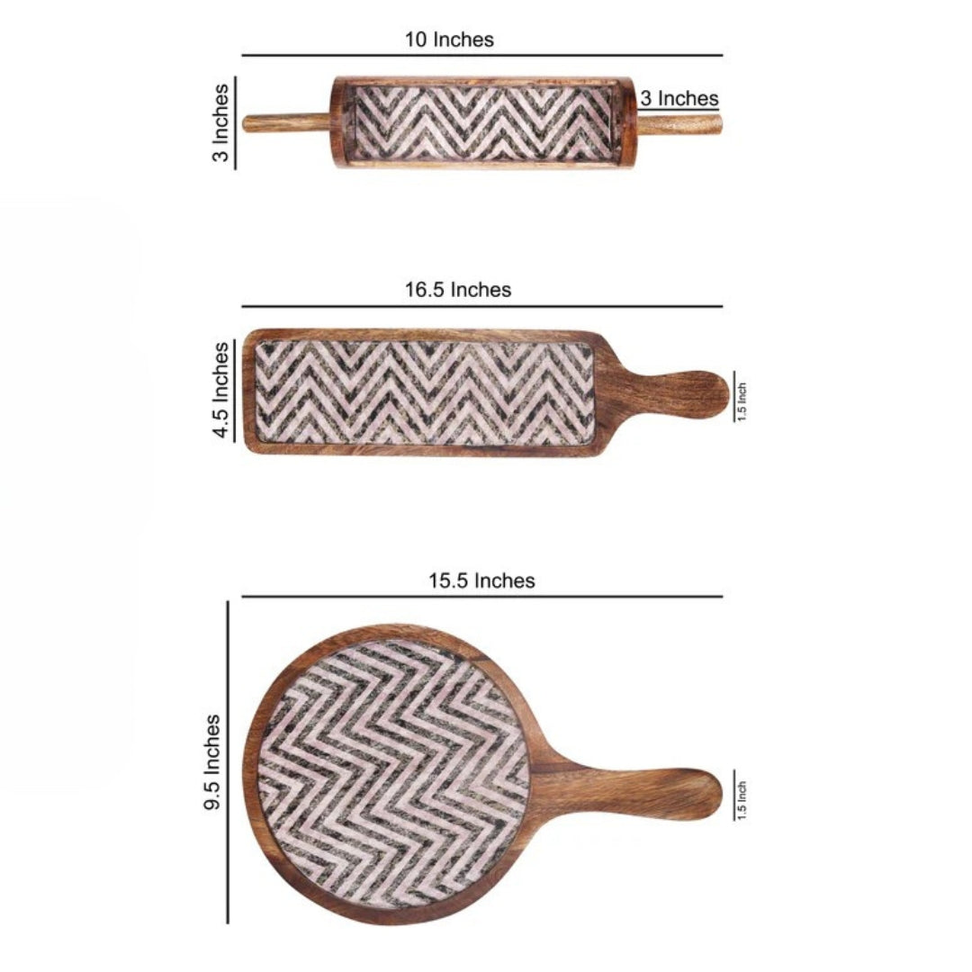 Chevron print & enameled Wooden Khatiya Platter Set of 3 - belan platter , bat platter ,  pizza platter