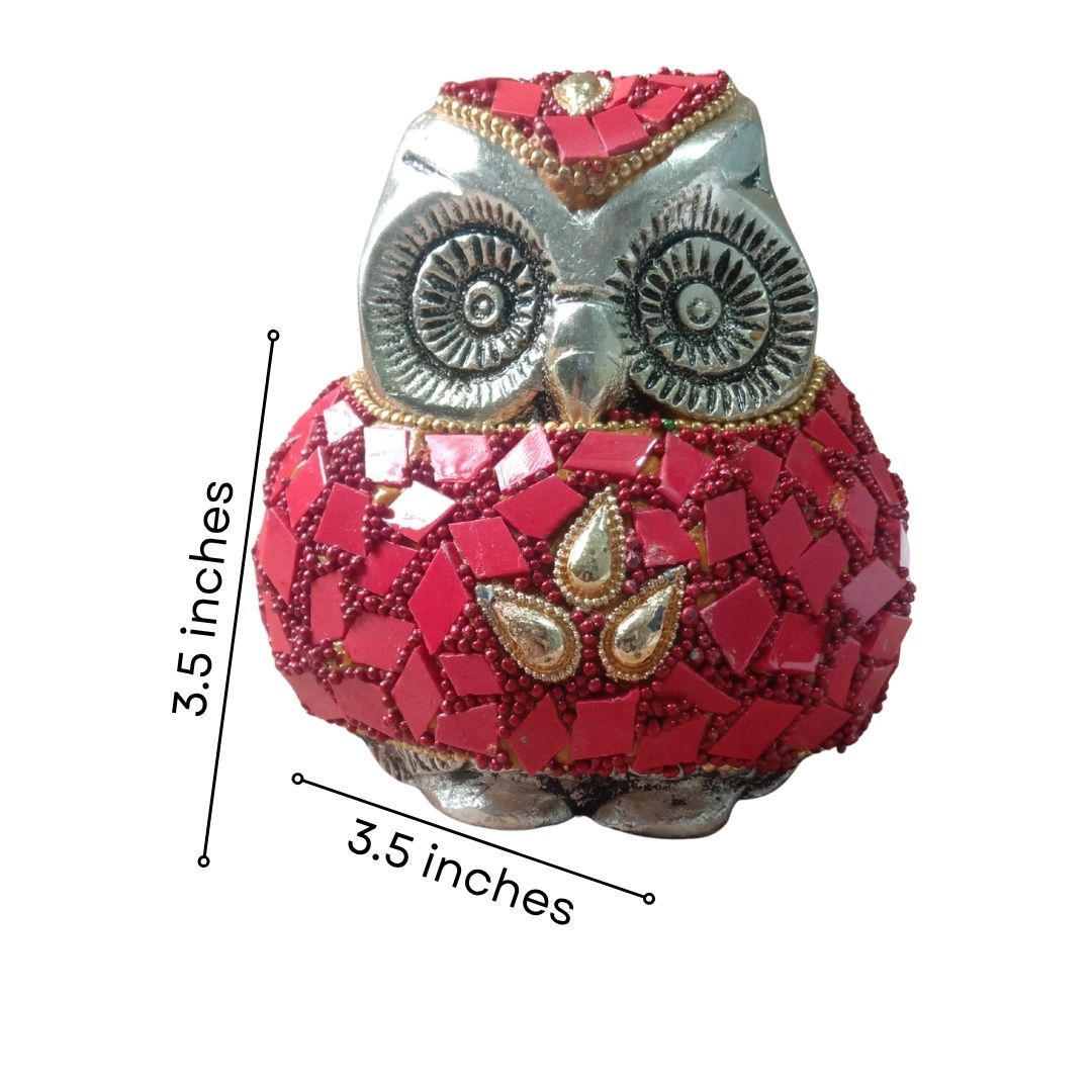 Silver Plated Red Mosaic Owl Figurine in Red Velvet Box for Home Decor