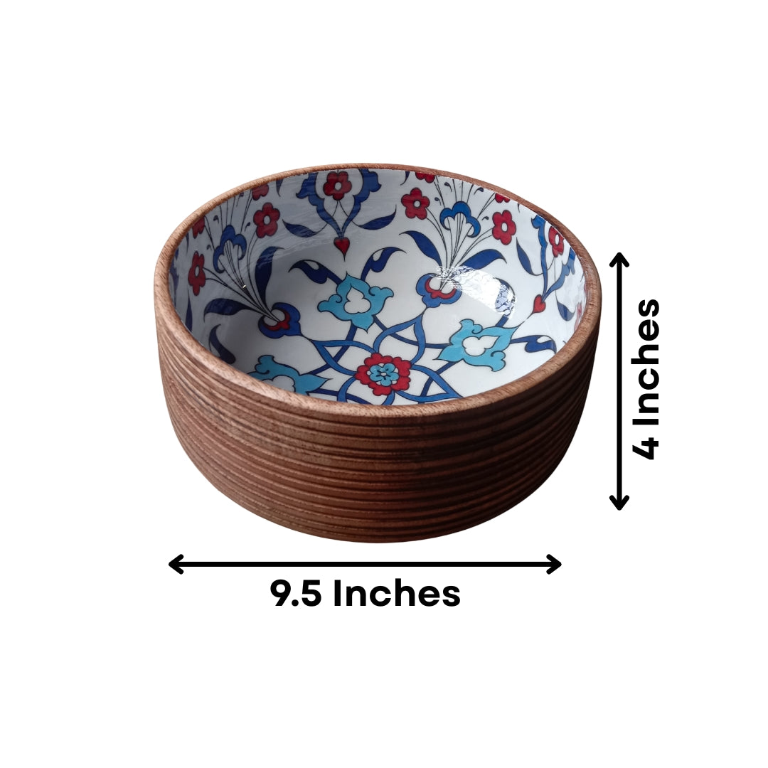 Turkish Print Enamel & Ribbed Wooden Salad Bowl Set