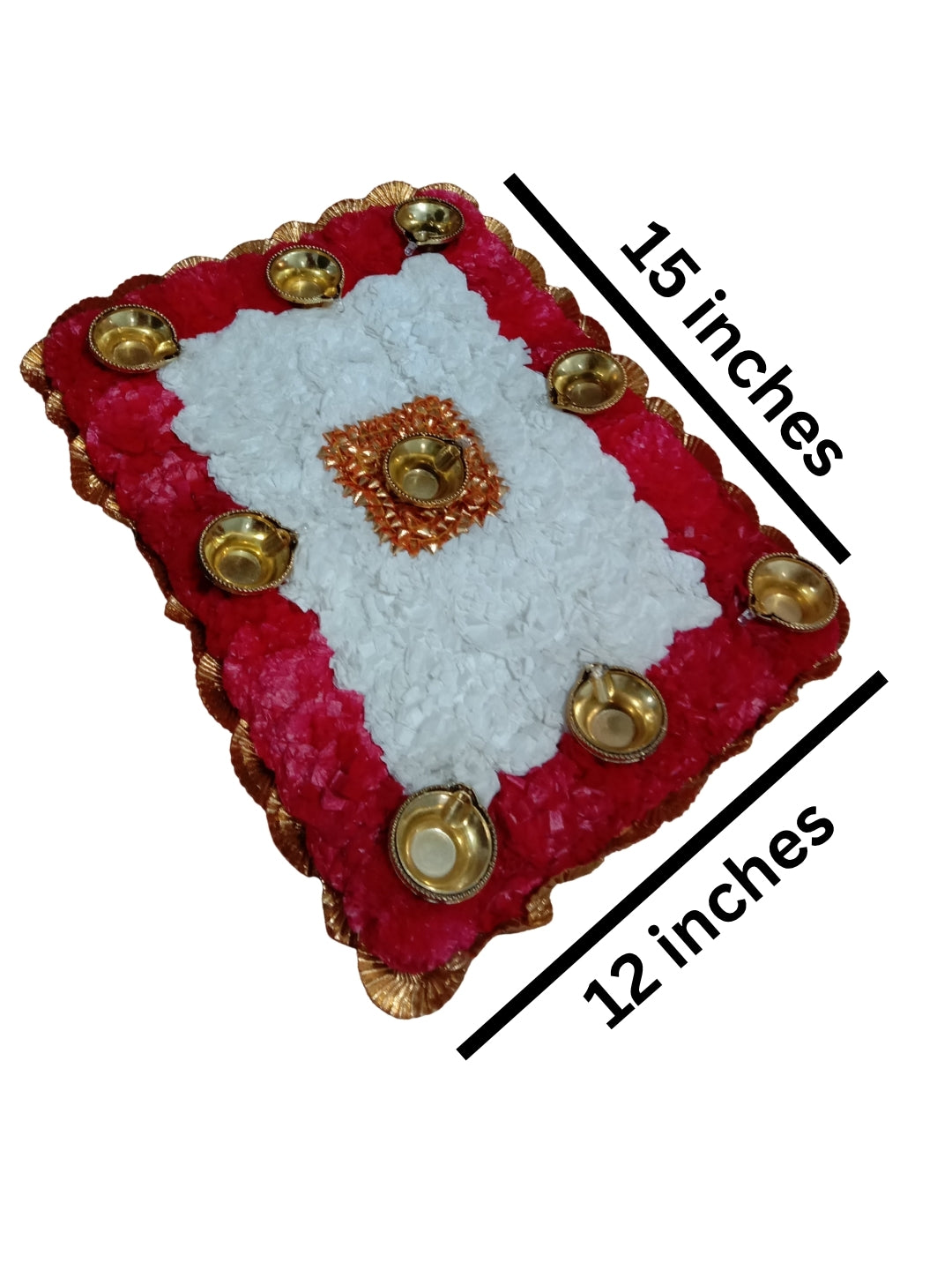 Artifical marigold rangoli set of 2 with LED diyas - Rectangle Red & white
