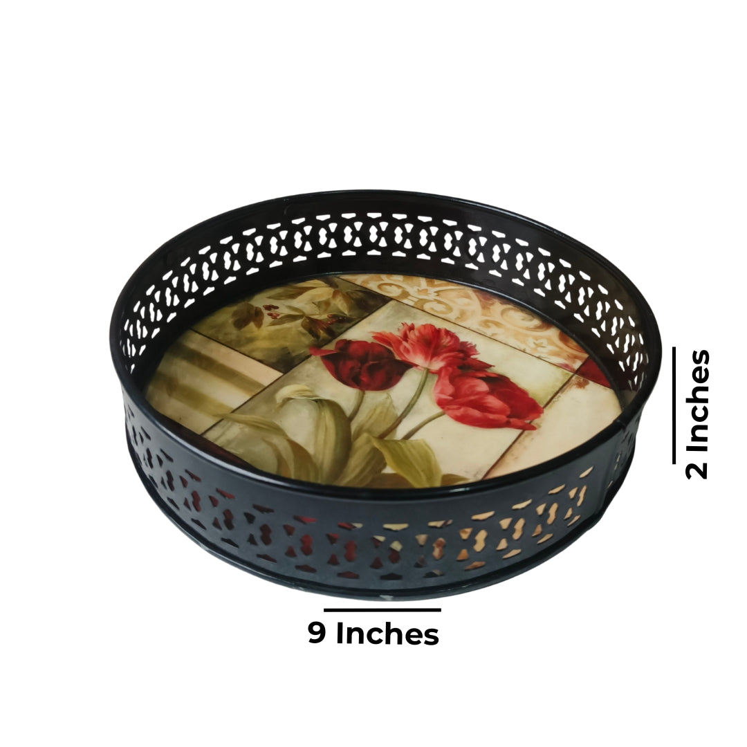 Metal Round Tray - Beige Flower Print  Large