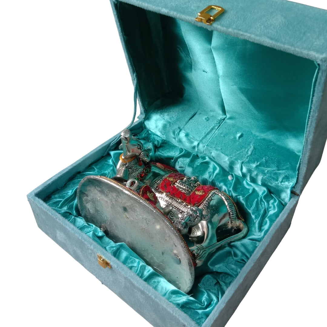 Silver Plated Kamdhenu Cow and Calf Idol in Turquoise Velvet Box for Gifting