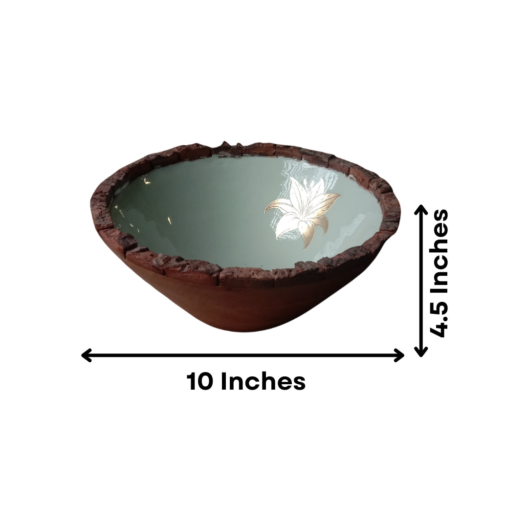 Green Enamel Wooden Salad Bowl with Tulip Foil Print
