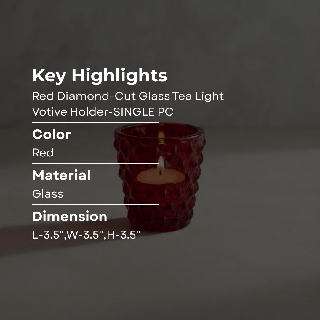 Red Diamond-Cut Glass Tea Light Votive Holder-SINGLE PC