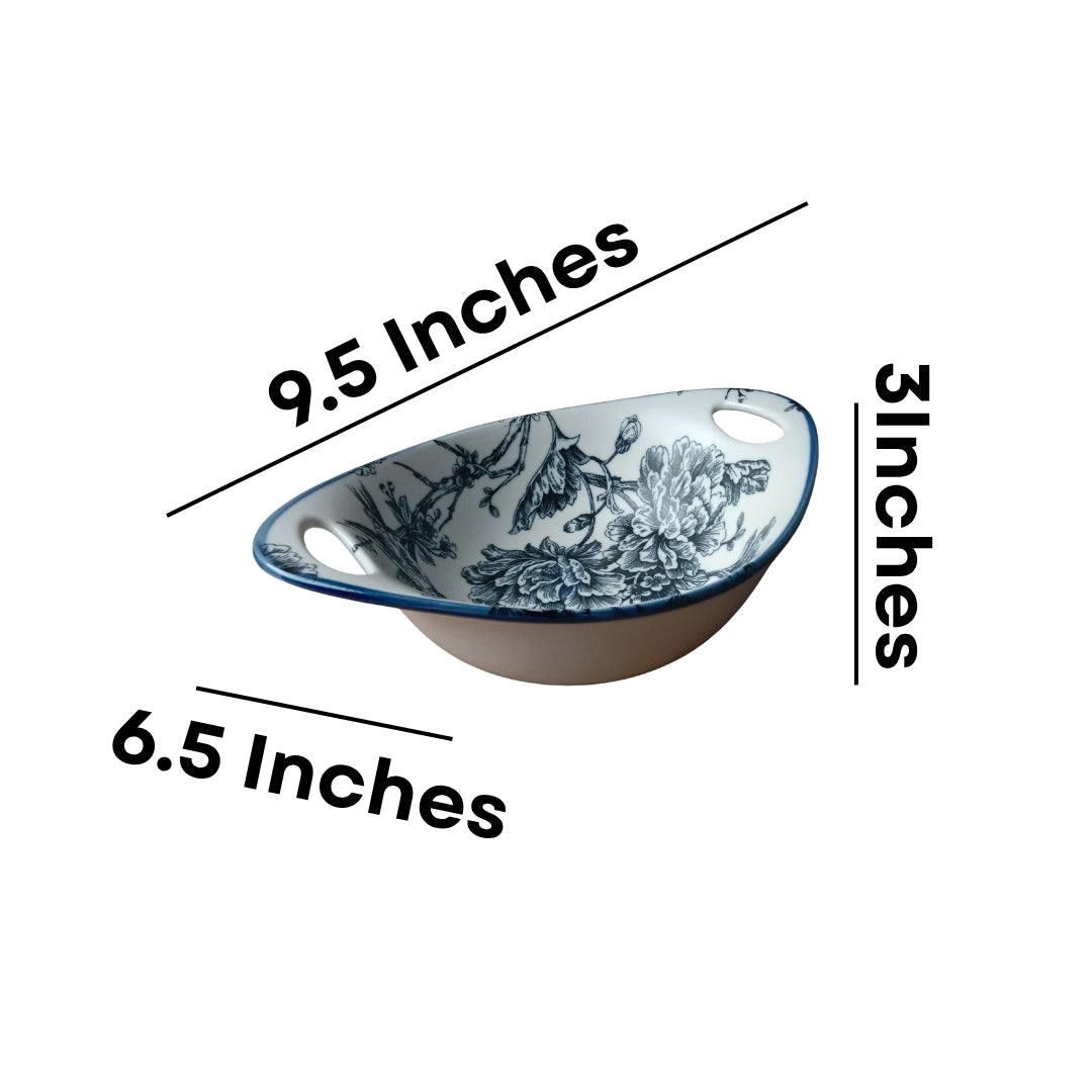 2 Pcs Blue & White Floral Ceramic Oval Bowl Set