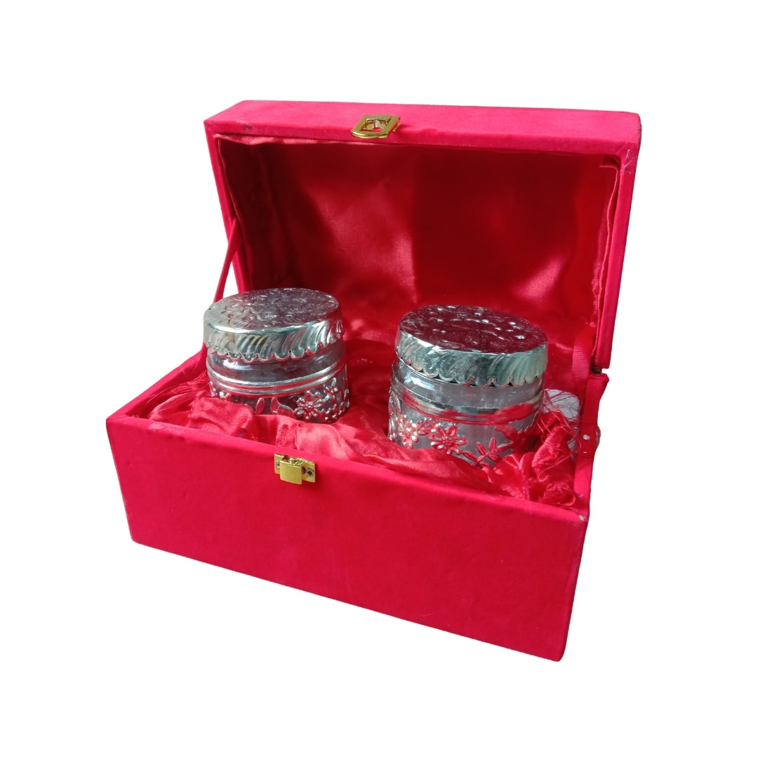 Silver Plated Floral Jars with Red Velvet Gift Box Set of Two