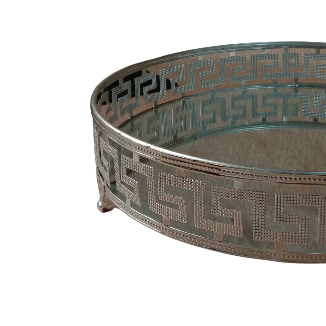 Silver Mirrored Decorative Round Tray with Greek Key Pattern - LARGE 12"