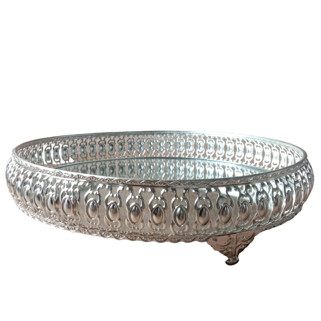 Decorative Silver Filigree Mirrored Tray with Feet