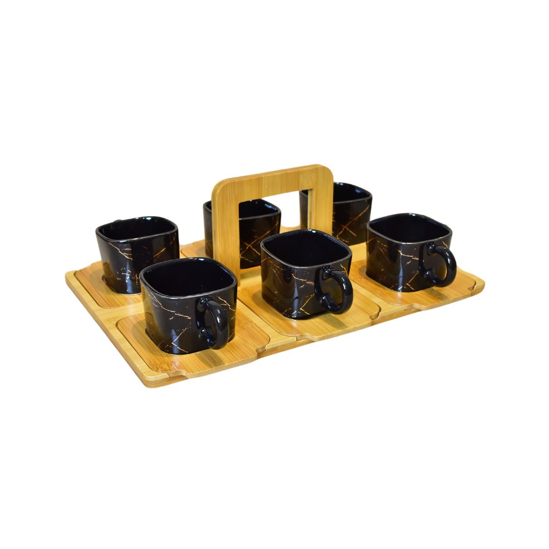 Ceramic Cup With Bamboo Tray Set Of 6 - Black